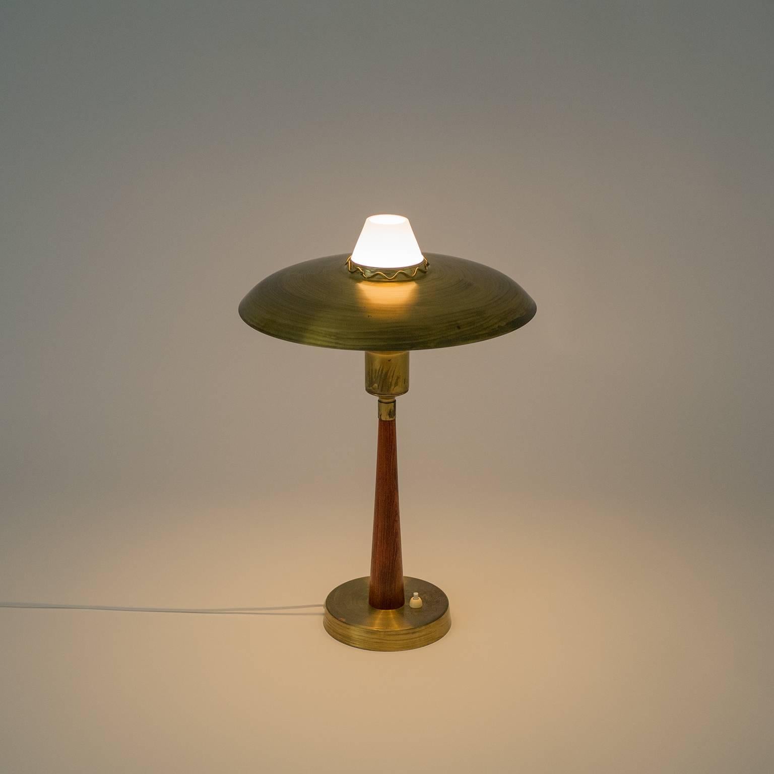 Swedish Brass, Teak and Satin Glass Table Lamp, 1950s 2