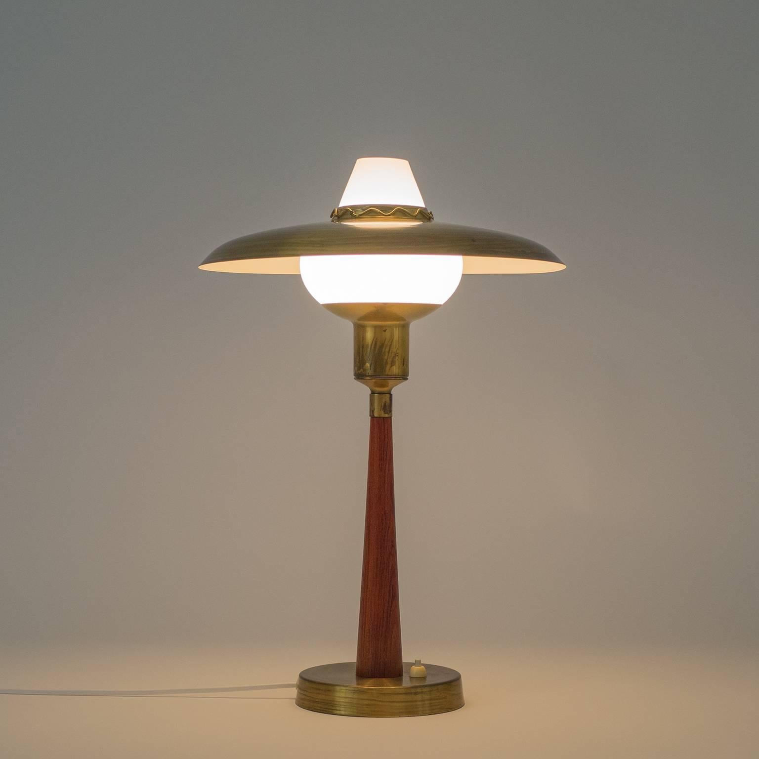 Swedish Brass, Teak and Satin Glass Table Lamp, 1950s 1