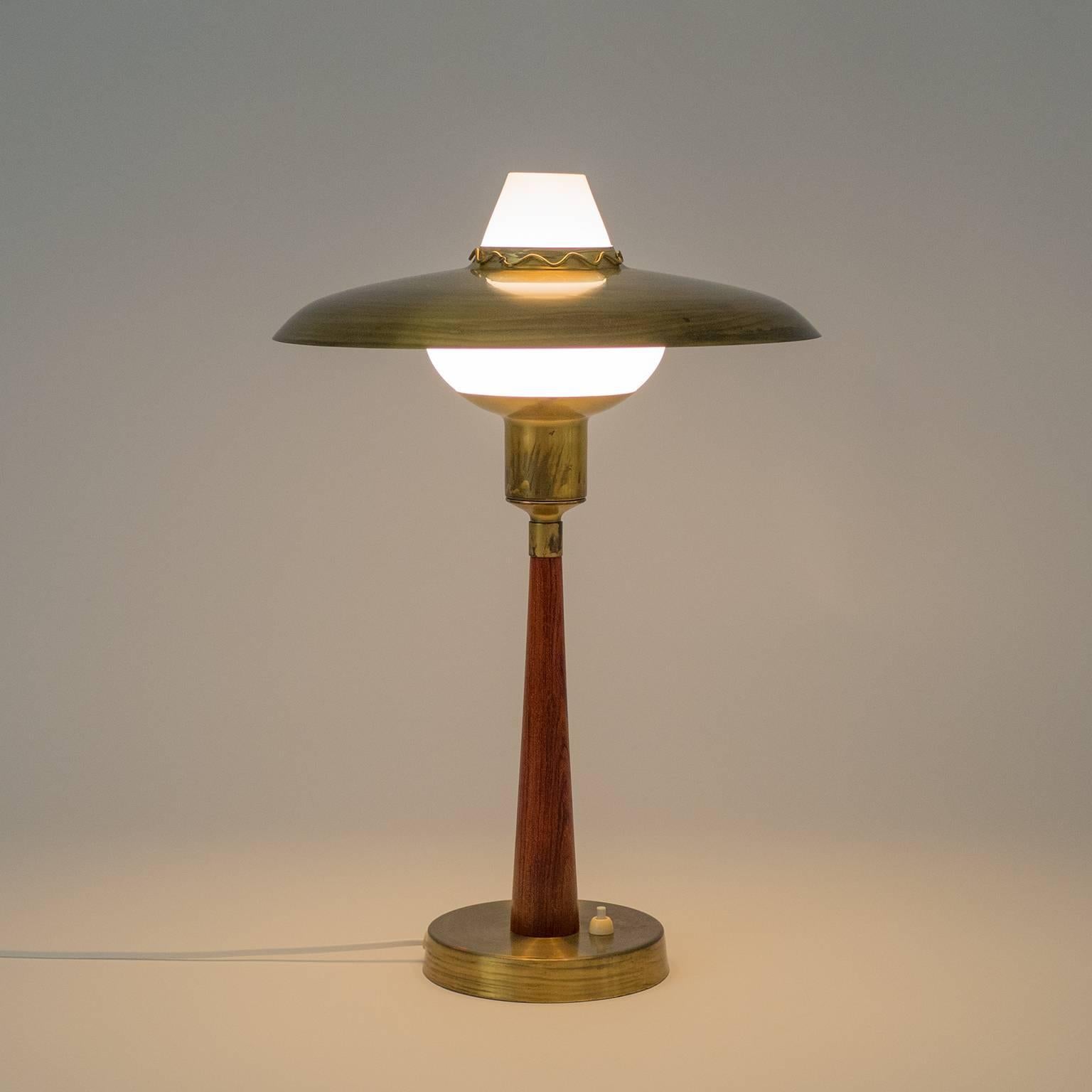Swedish Brass, Teak and Satin Glass Table Lamp, 1950s 3