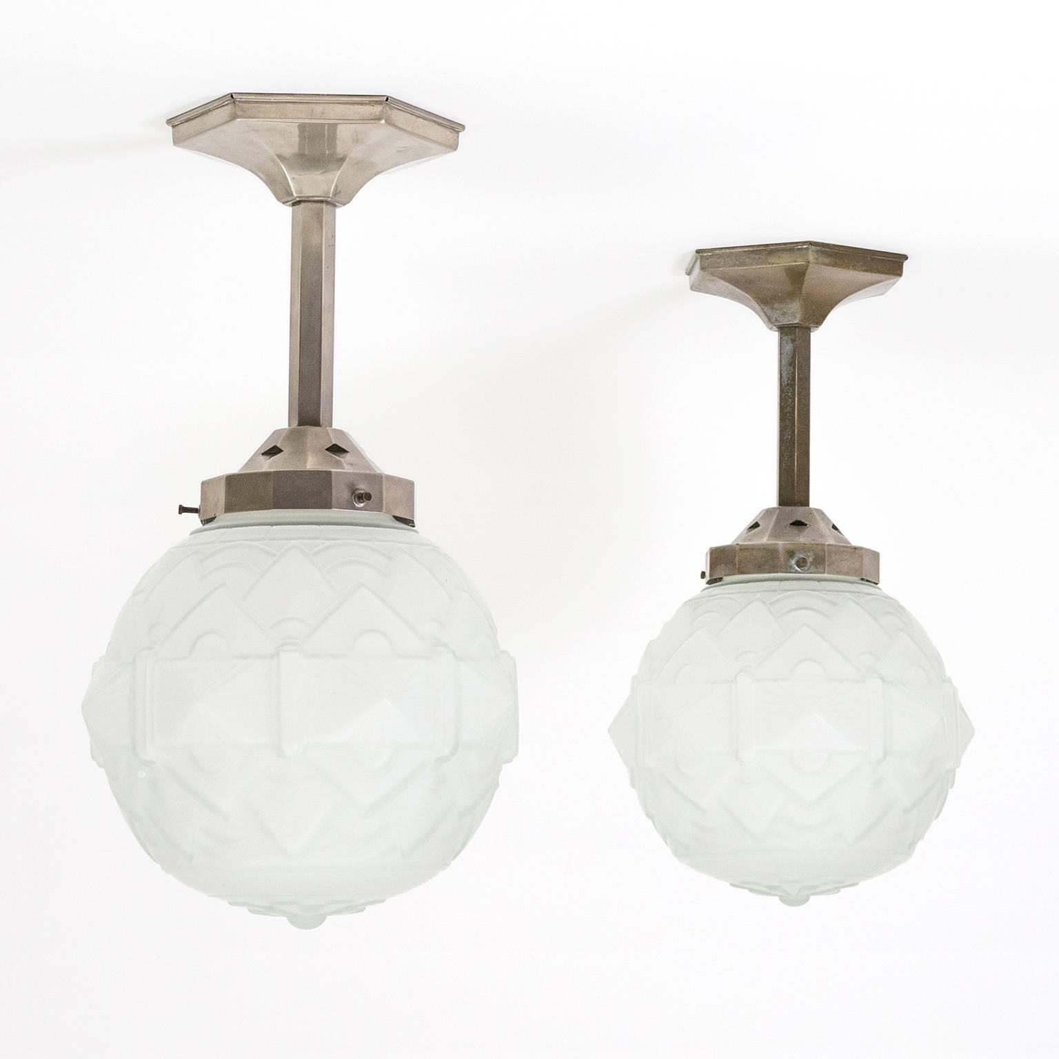 Mid-20th Century Pair of French Nickel and Satin Glass Art Deco Ceiling Lights, 1930s