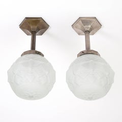 Pair of French Nickel and Satin Glass Art Deco Ceiling Lights, 1930s