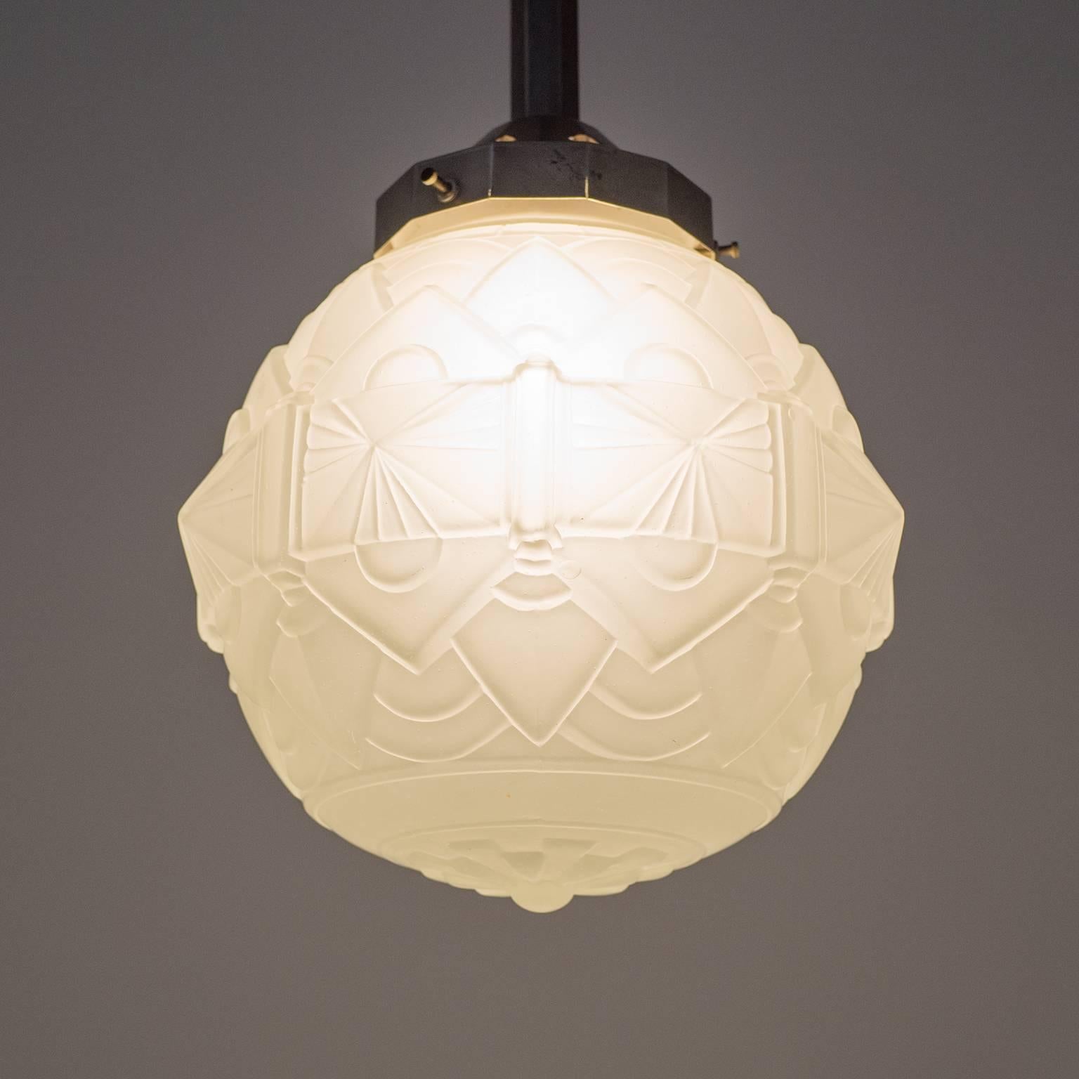 Pair of French Nickel and Satin Glass Art Deco Ceiling Lights, 1930s 1