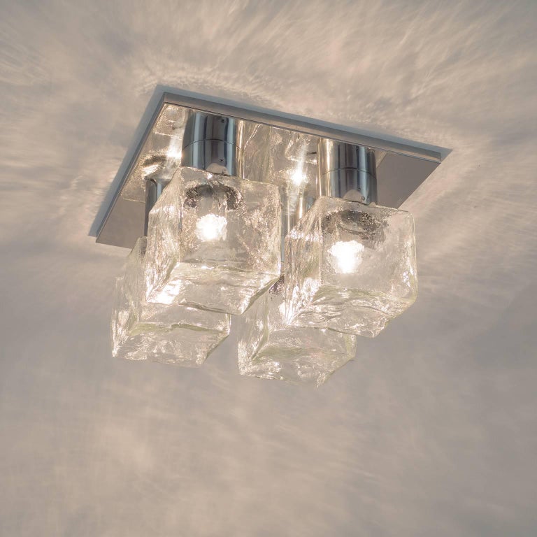 Large Kalmar Glass Ice Cube And Polished Steel Flush Mount 1970s Large Kalmar Glass Ice Cube And Polished Steel Flush Mount 1970s For 3