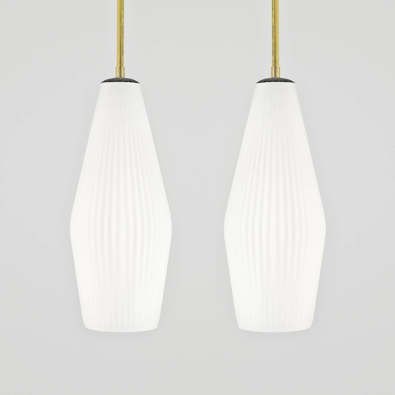 Aluminum Pair of Modernist Italian Ribbed Glass Pendants, 1950s