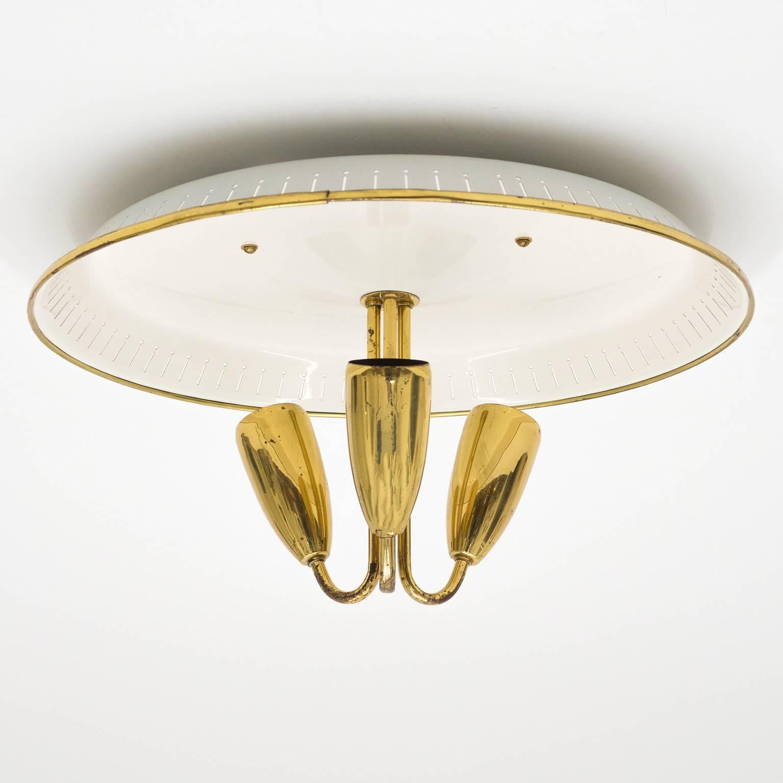 Lacquered Three-Arm Brass Flush Mount, 1950s