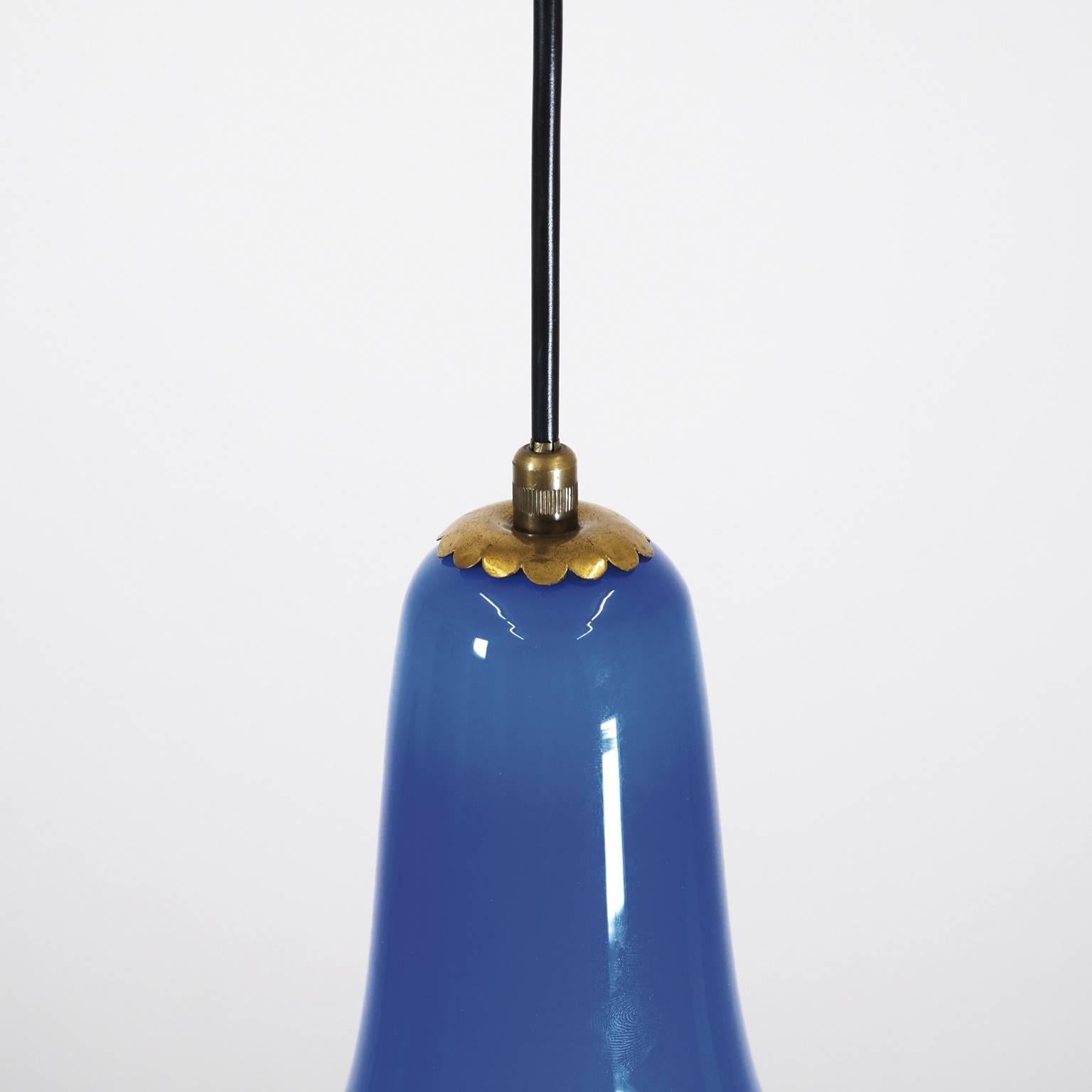 Mid-Century Modern Italian Cased Glass Pendant with Brass Detailing, circa 1960