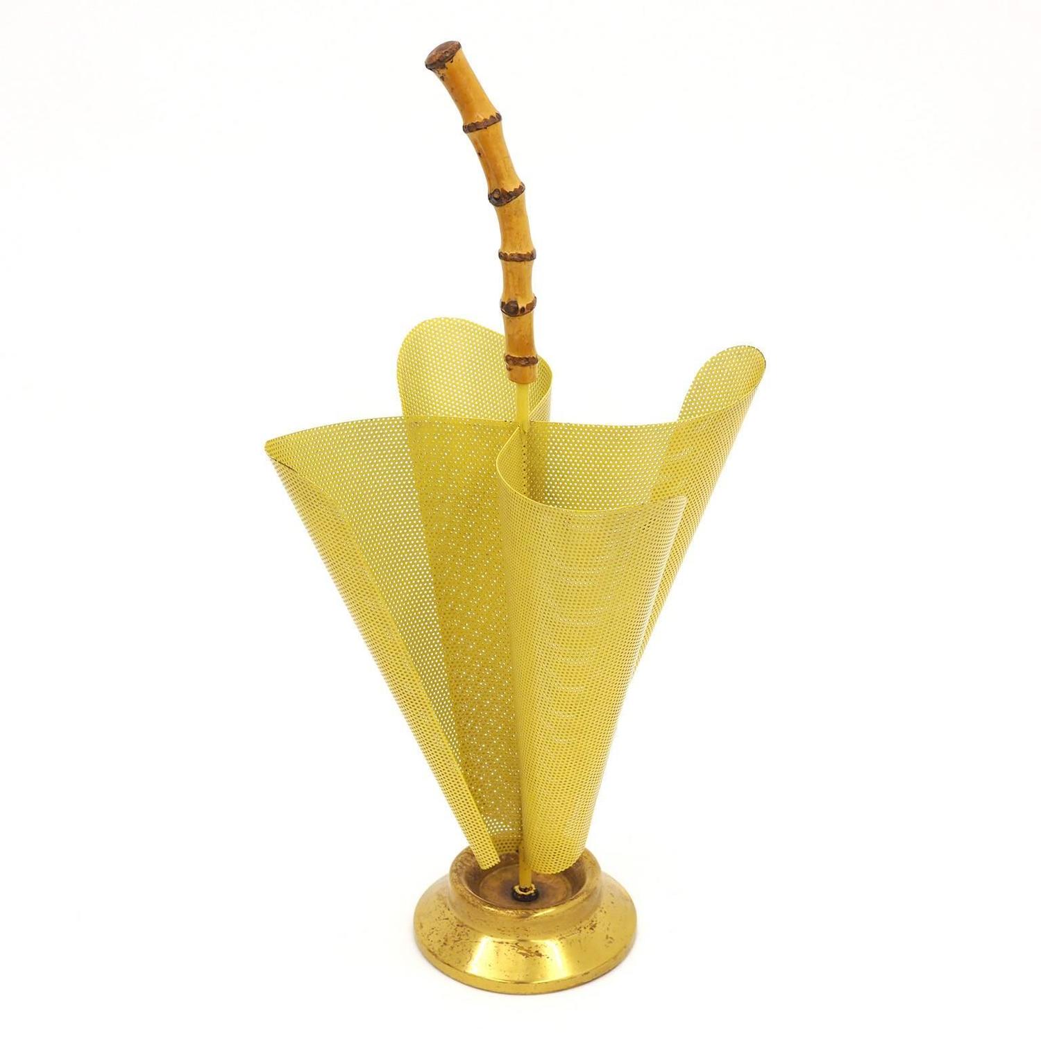 Unique 1950s Umbrella Stand in Perforated Metal, Bamboo and Brass For Sale at 1stdibs