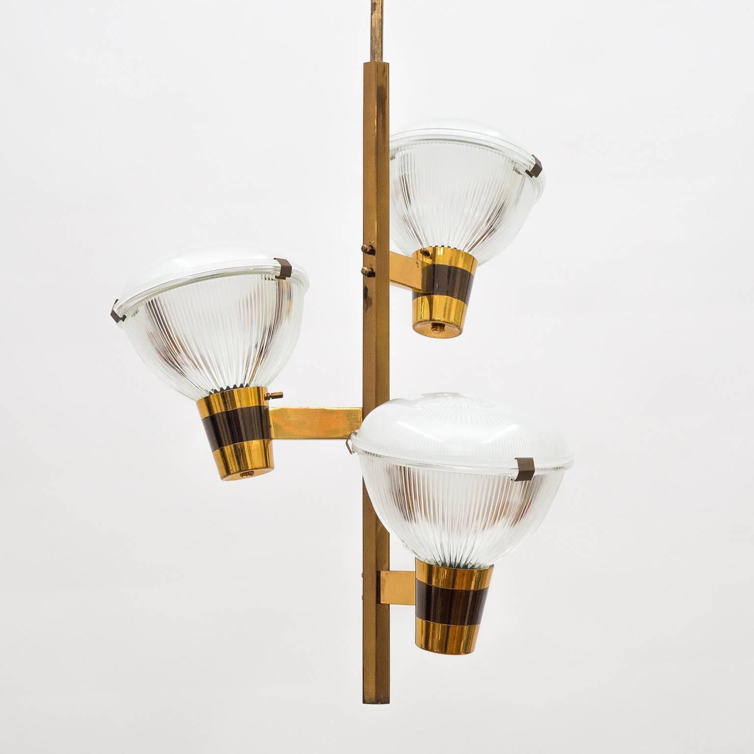 Mid-Century Modern Stilnovo Patinated Brass and Glass Chandelier, 1960s