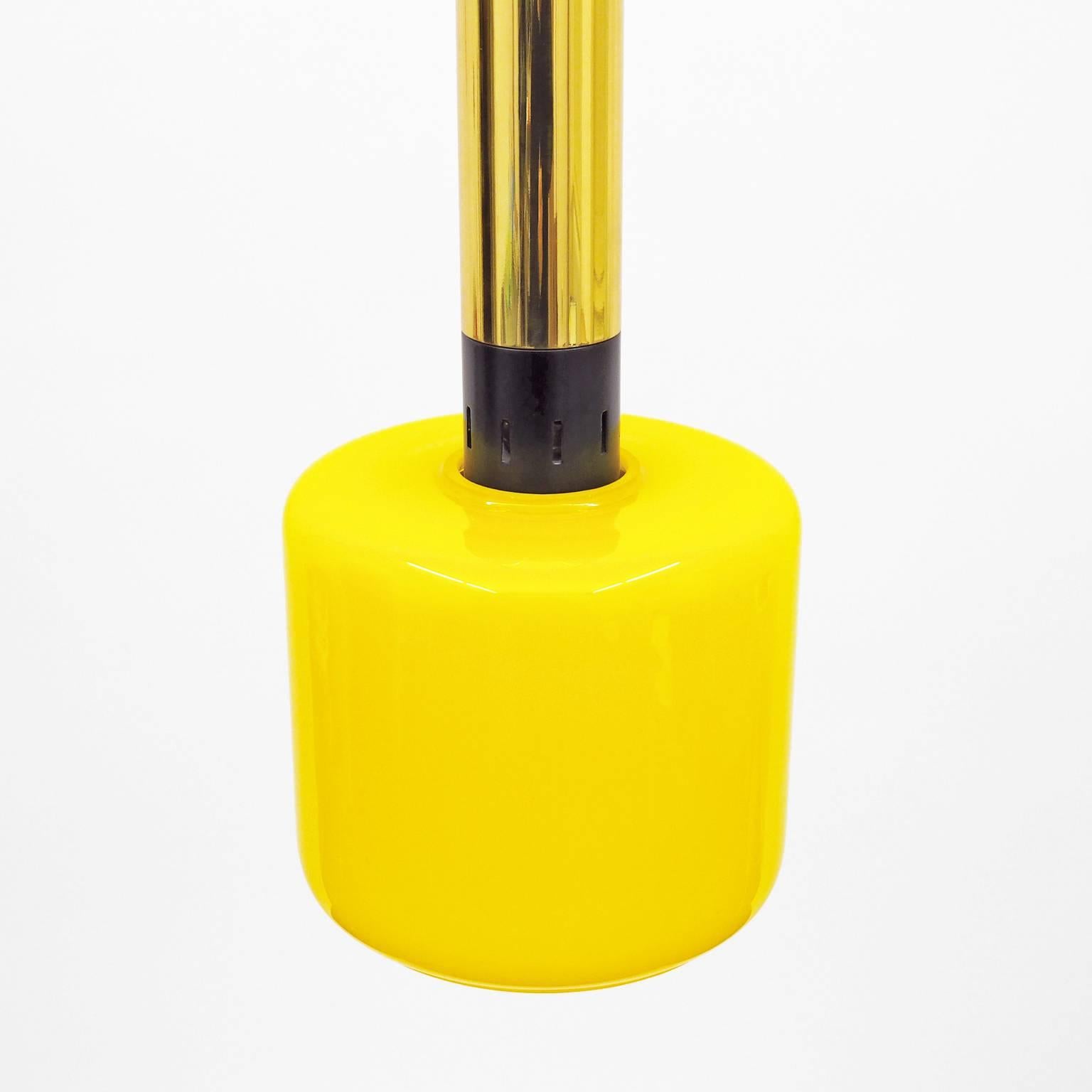 Lacquered Pair of Stilnovo Yellow Glass and Brass Pendants, 1950s