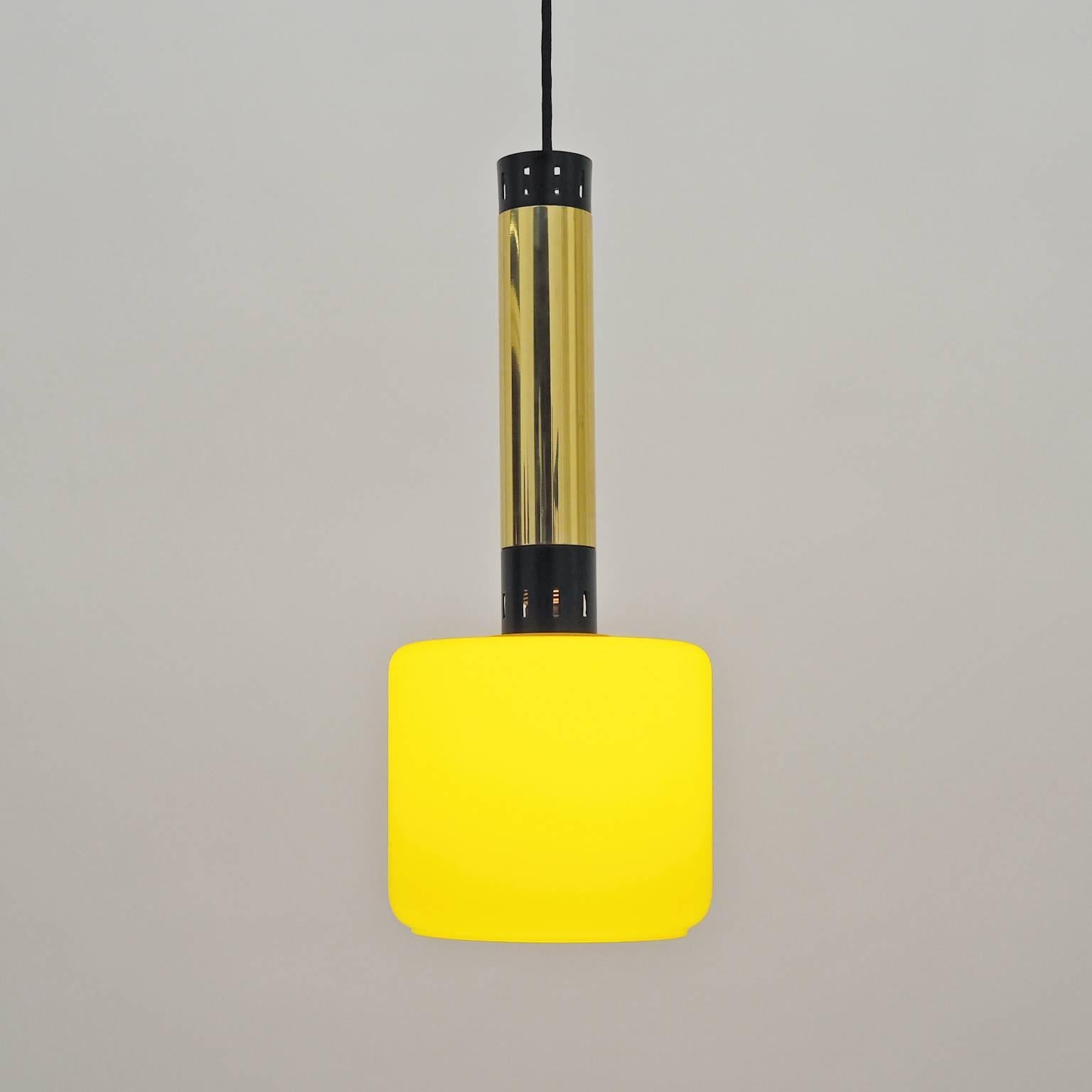 Aluminum Pair of Stilnovo Yellow Glass and Brass Pendants, 1950s