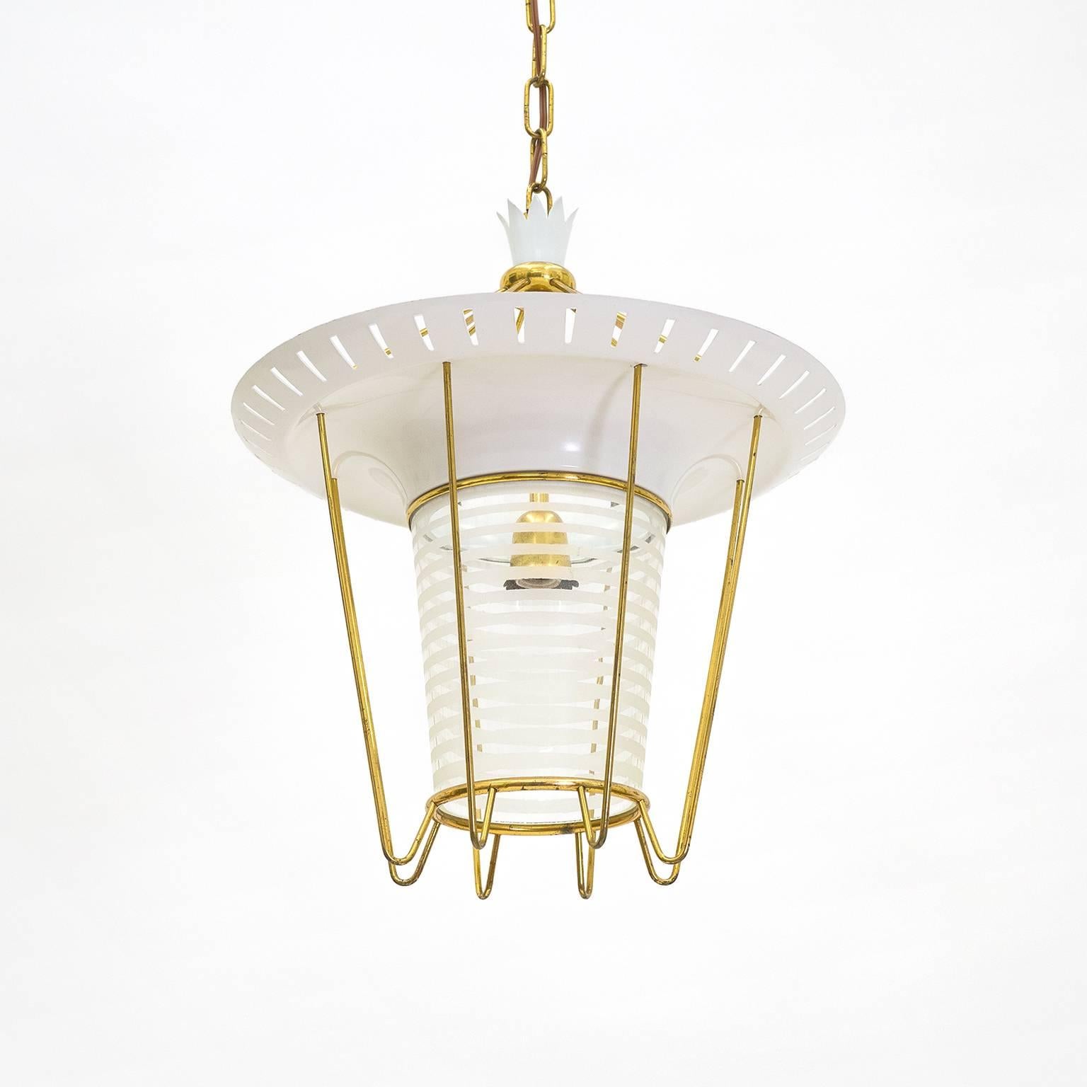 Mid-Century Modern Italian 1950s Lantern in Brass, Glass and Lacquered Aluminum
