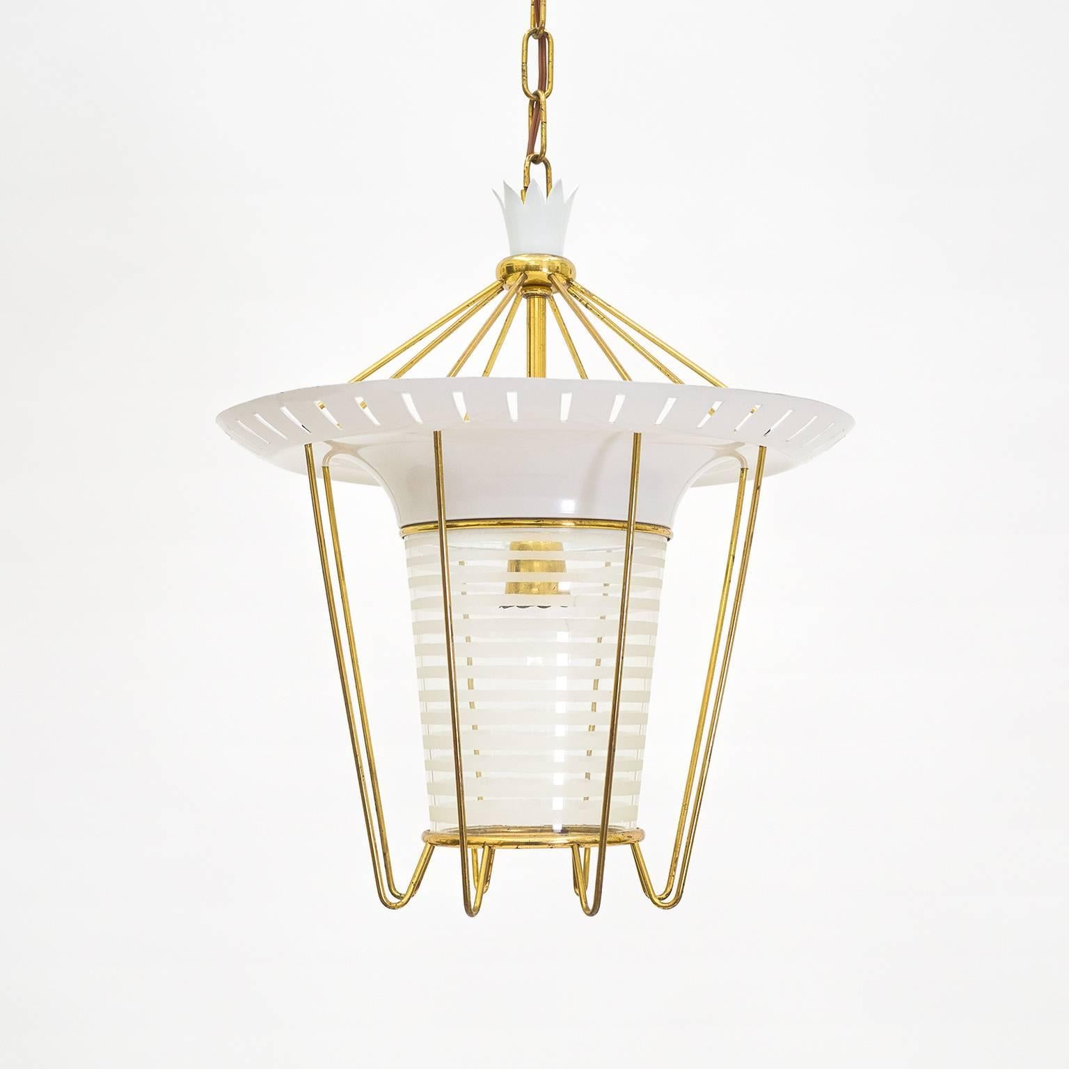 Frosted Italian 1950s Lantern in Brass, Glass and Lacquered Aluminum