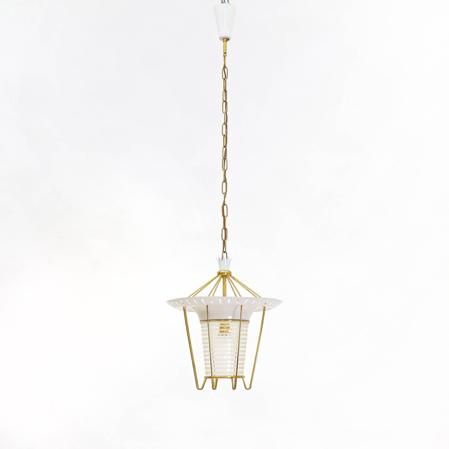Mid-20th Century Italian 1950s Lantern in Brass, Glass and Lacquered Aluminum