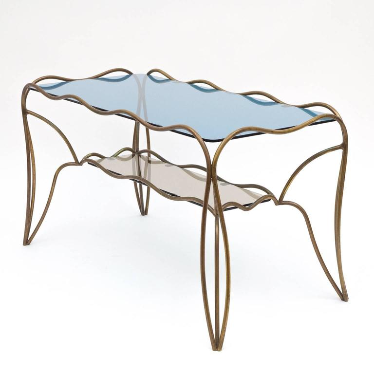 Unique Italian Brass and Colored Glass Cocktail Table, 1950s For Sale
