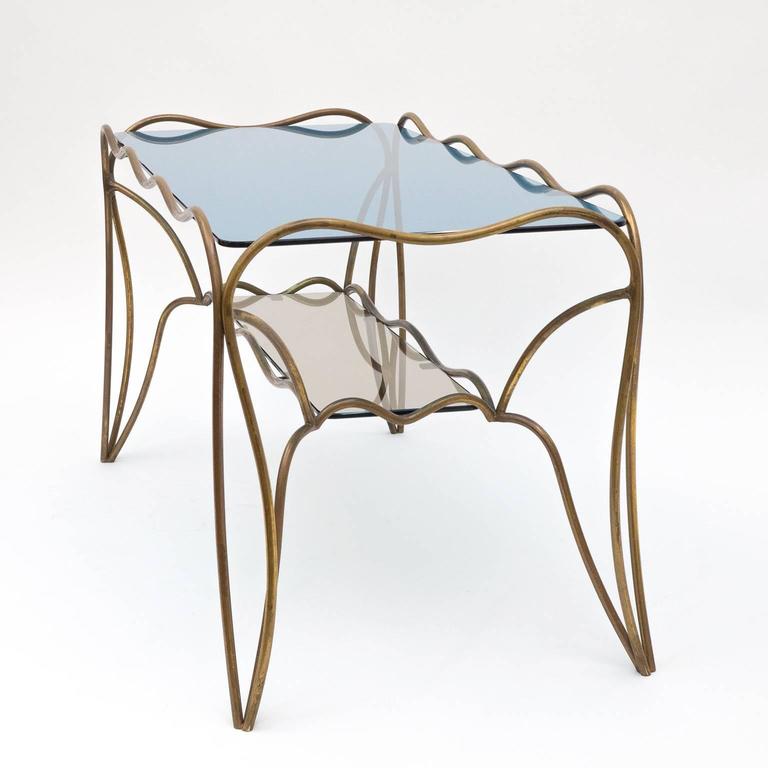 Unique Italian Brass and Colored Glass Cocktail Table, 1950s For Sale