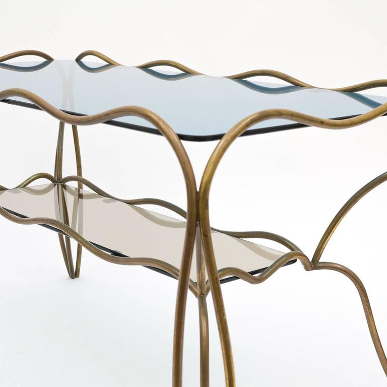 Unique Italian Brass and Colored Glass Cocktail Table, 1950s For Sale