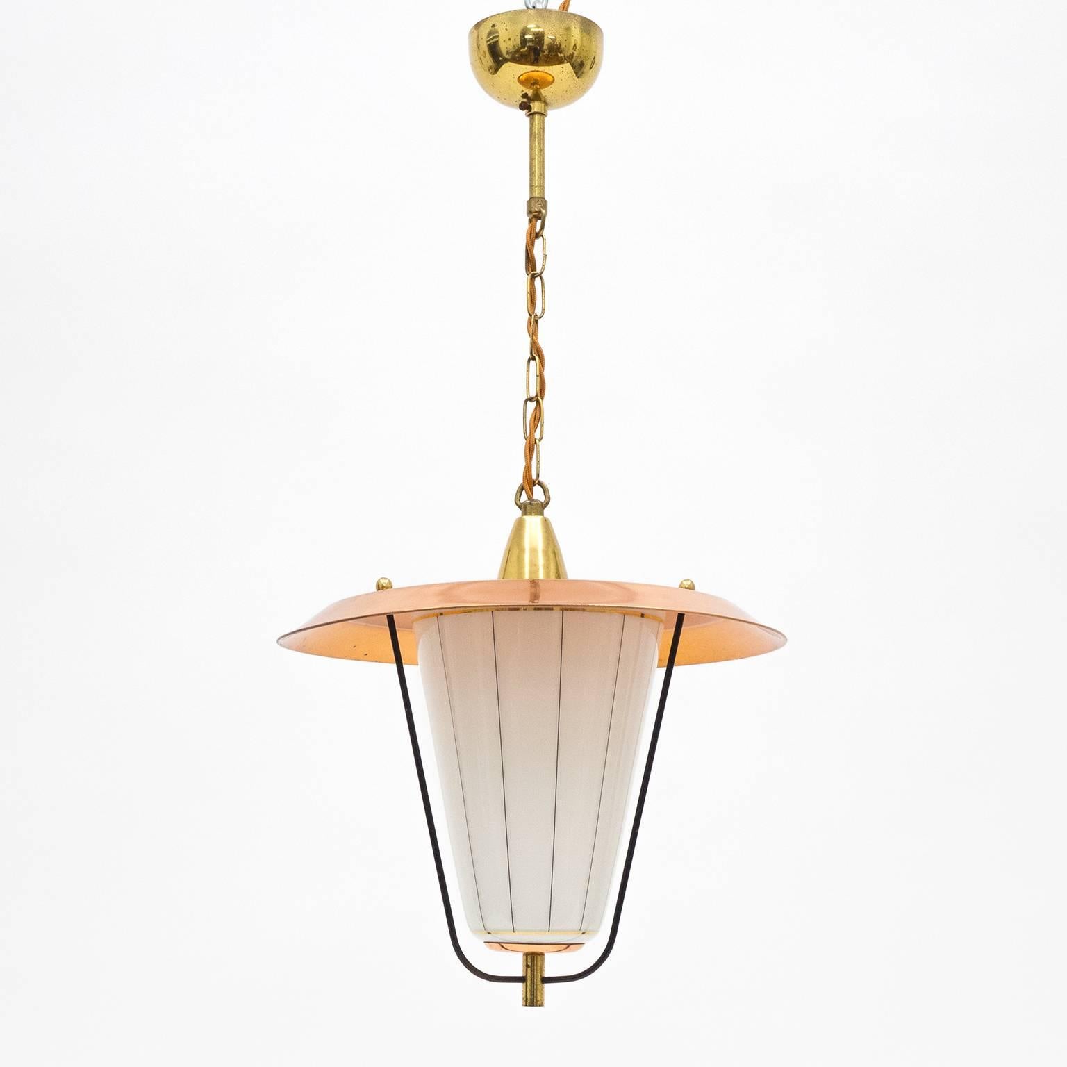 Charming Brass, Copper and Striped Glass Lantern, 1950s 1