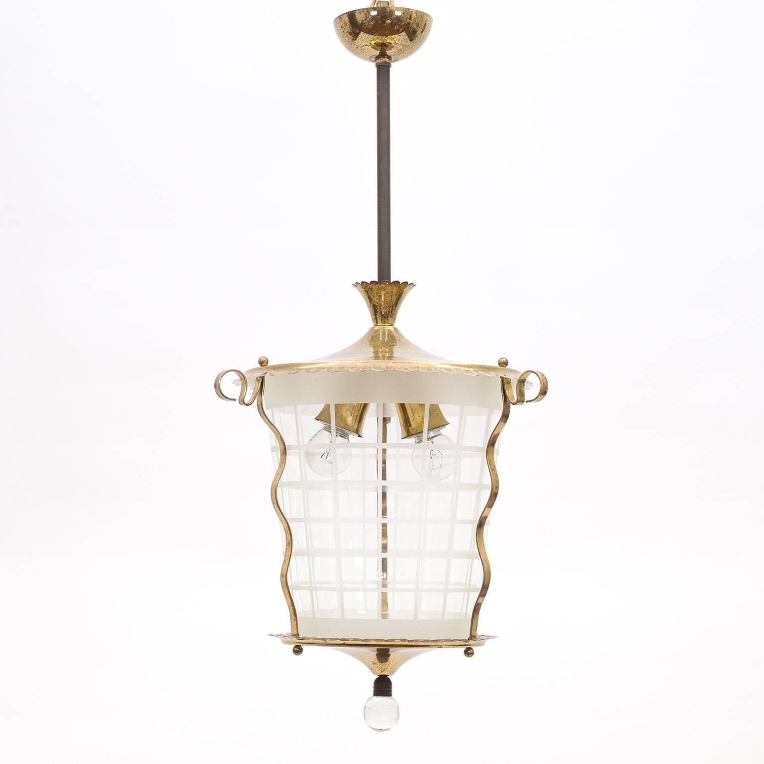 Italian Brass and Glass Lantern, 1940s 1