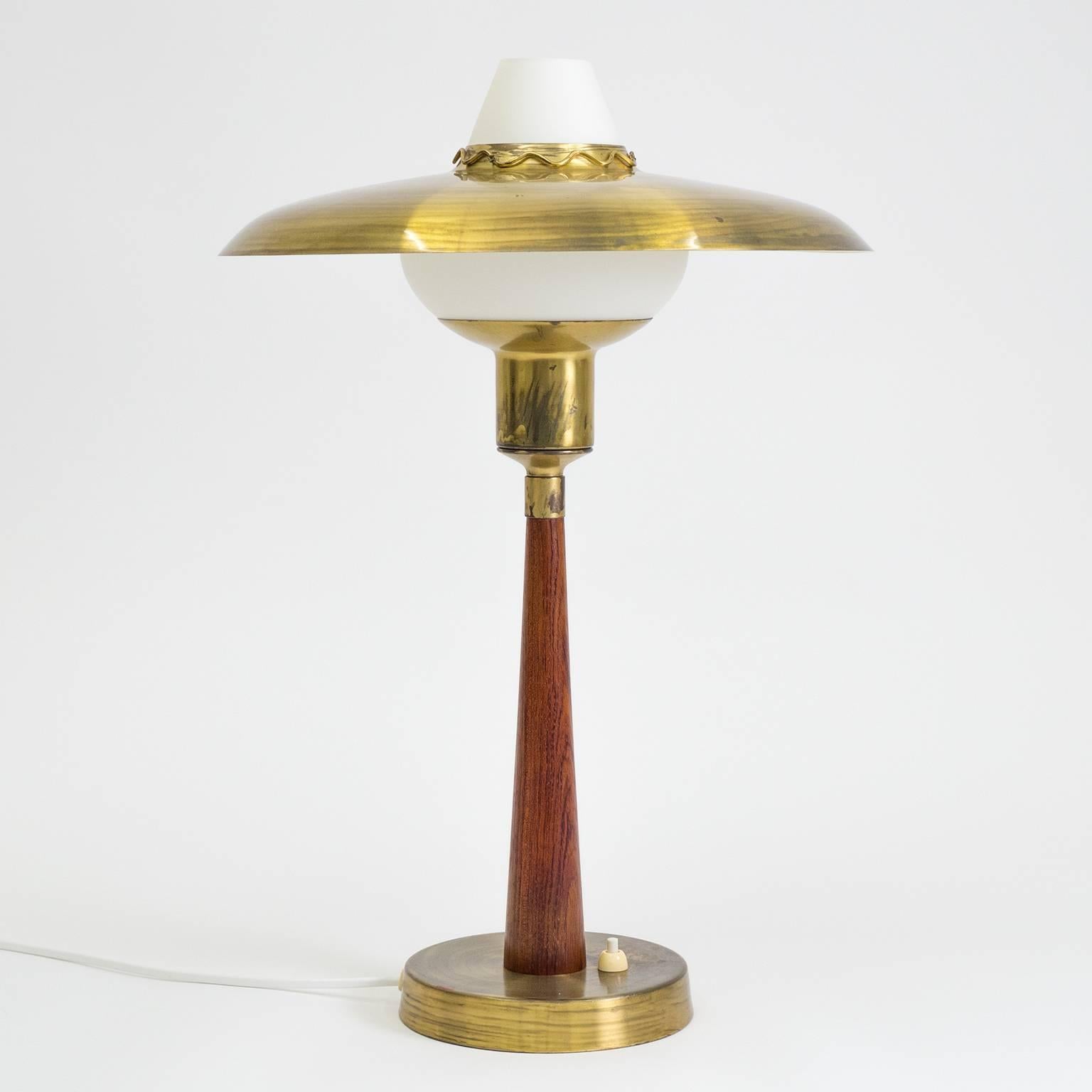 Frosted Swedish Brass, Teak and Satin Glass Table Lamp, 1950s