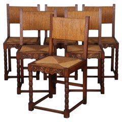 Set of 6 solid wood straw-seated chairs, French craftsmanship, 1950