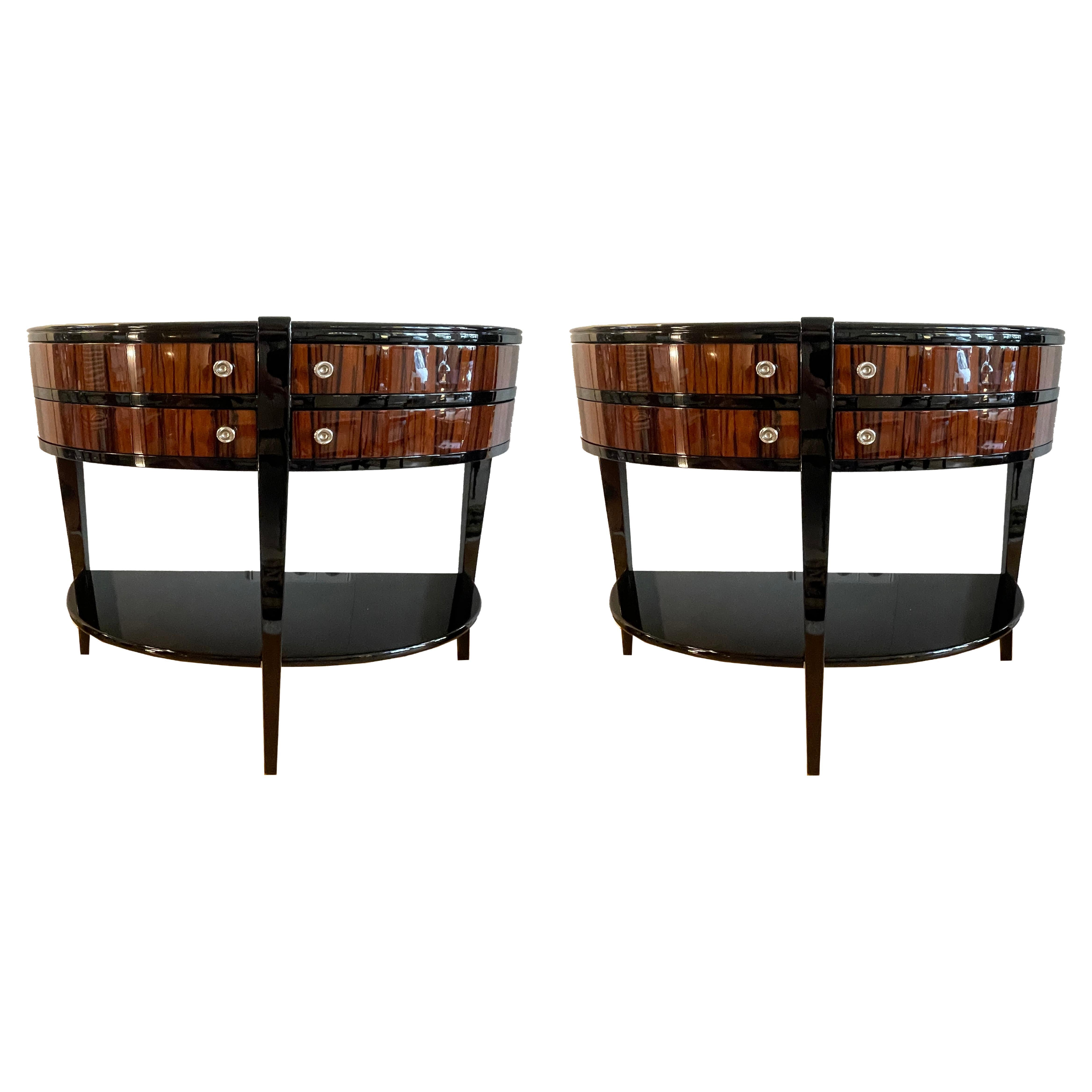 A very rare pair of Art Deco Demi-Lune consoles with drawers, authentic pieces For Sale