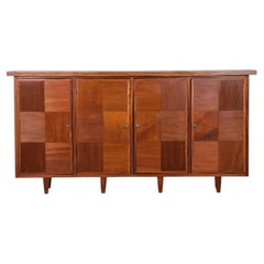 French Modernist Four-Door Sideboard, Walnut Checkerboard Front, 1940s