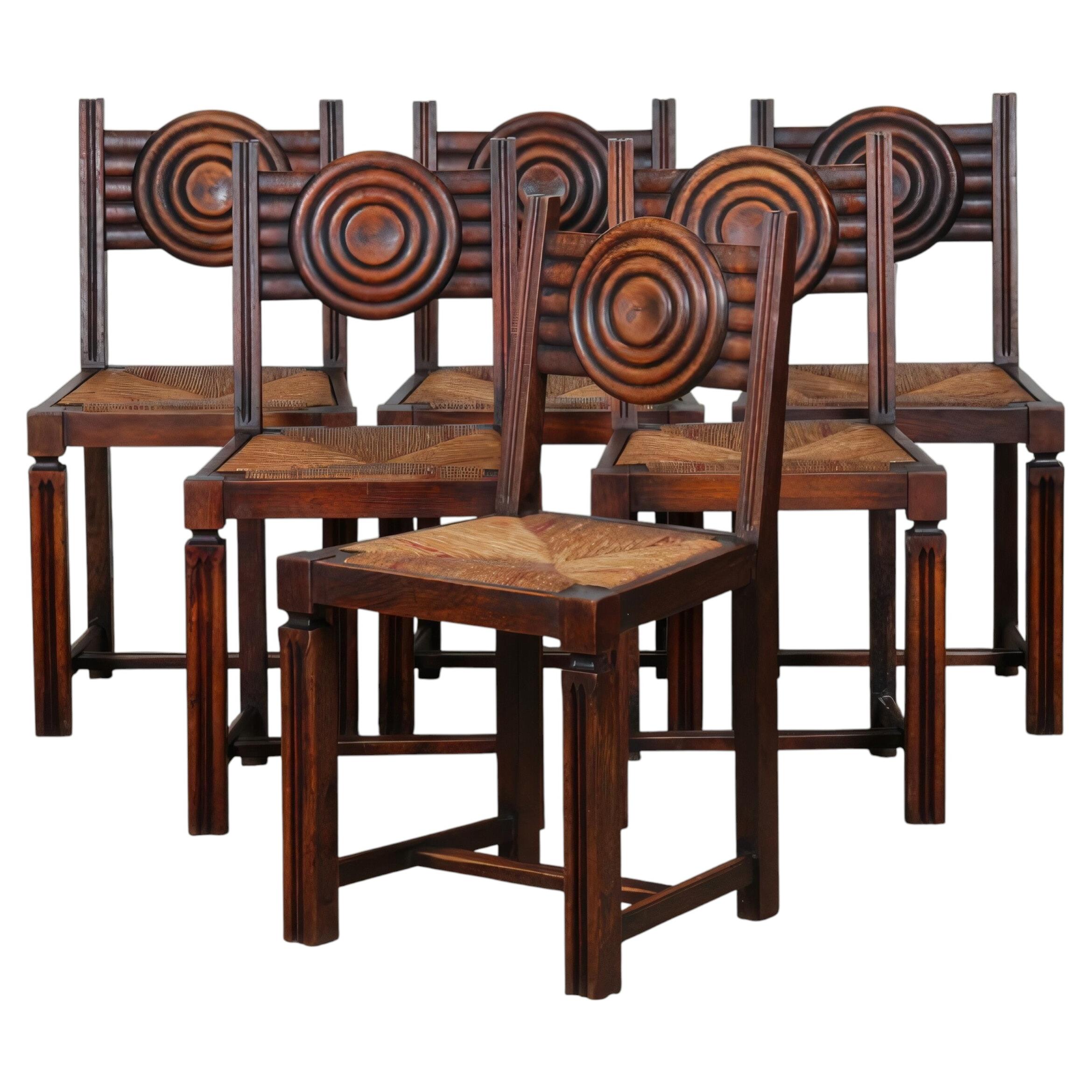 Set of Six French Art Deco Oak Dining Chairs, Rush Seats, 1930s