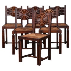Set of Six French Art Deco Oak Dining Chairs, Rush Seats, 1930s