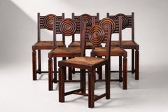 Set of Six French Art Deco Oak Dining Chairs, Rush Seats, 1930s
