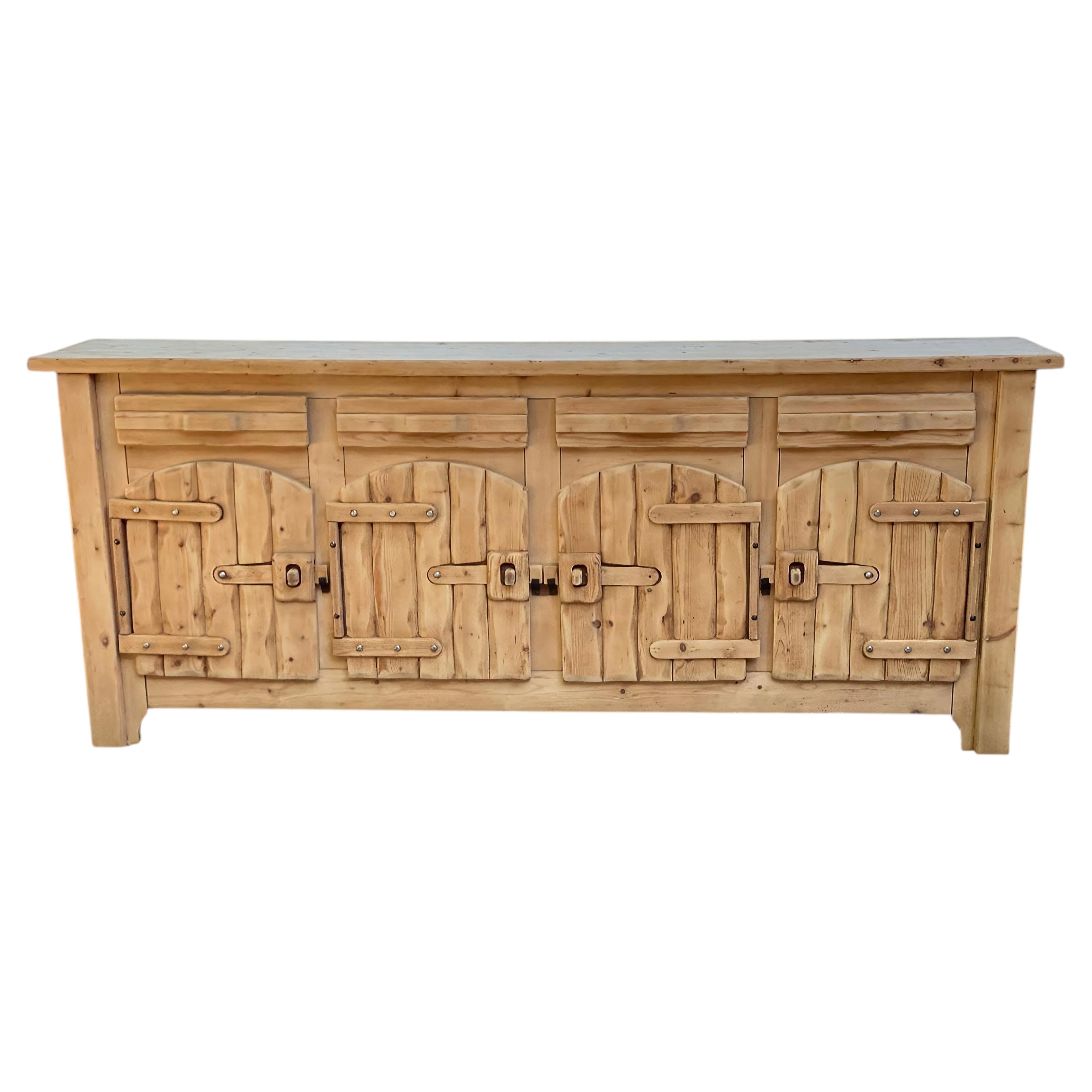 Spanish Brutalist Four-Door Sideboard, Solid Pine, Wrought Iron, 1970s For Sale