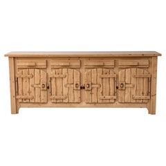 Spanish Brutalist Four-Door Sideboard, Solid Pine, Wrought Iron, 1970s