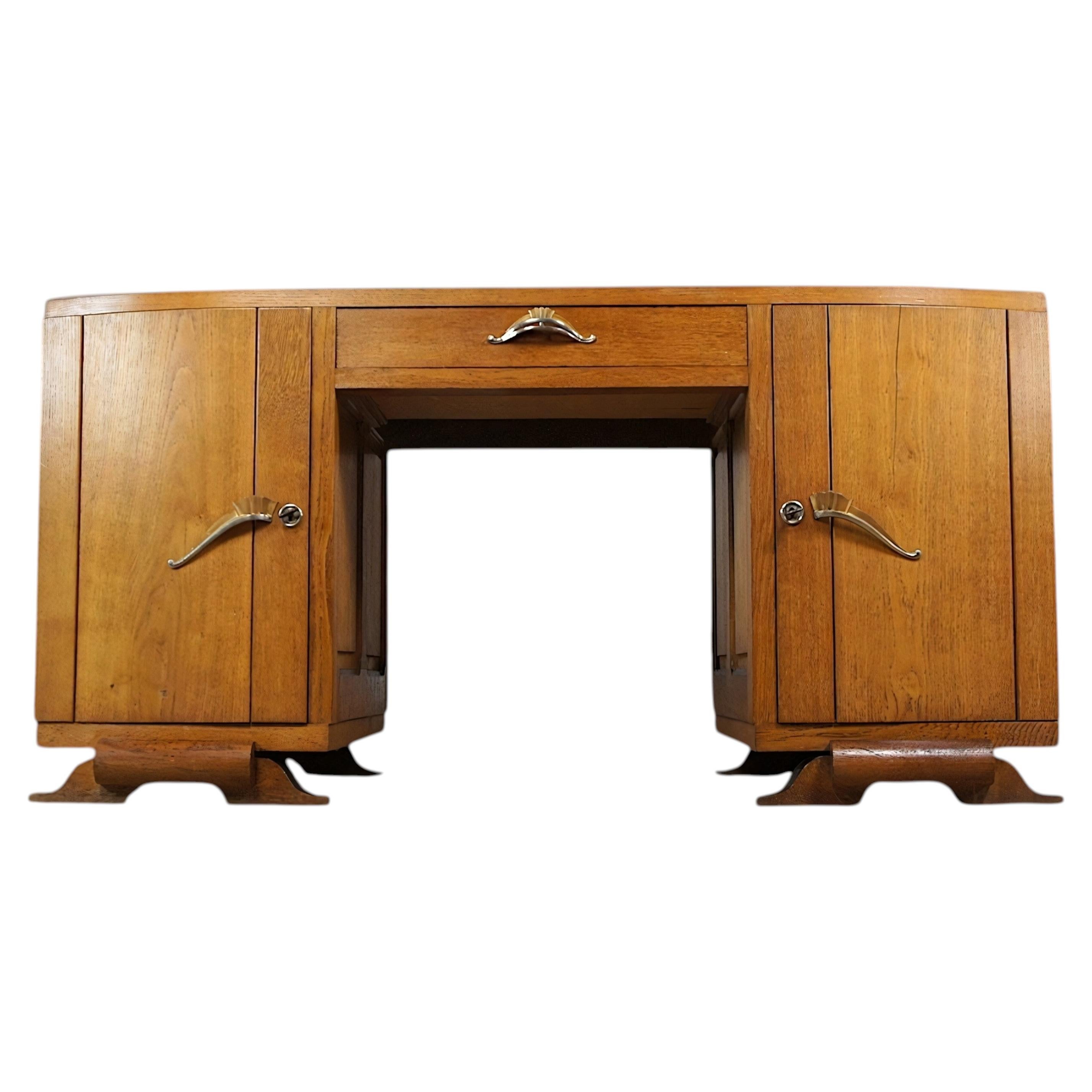French Art Deco Pedestal Desk, Oak with Brass Hardware, 1930s