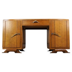 French Art Deco Pedestal Desk, Oak with Brass Hardware, 1930s