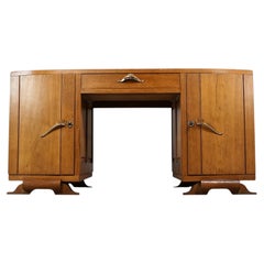 French Art Deco Pedestal Desk, Oak with Brass Hardware, 1930s