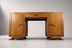 French Art Deco Pedestal Desk, Oak with Brass Hardware, 1930s