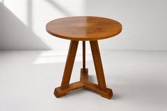 Dutch Art Deco Round Side Table, Oak, Tripod Column Base, 1930s