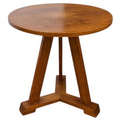 Dutch Art Deco Round Side Table, Oak, Tripod Column Base, 1930s