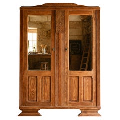 French Art Deco Two-Door Armoire, Red Pine, Carved Panel, 1930s