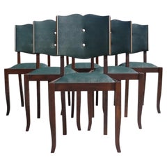 Set di sei sedie da pranzo in stile Art Déco francese, in noce e vinile verde, anni ’30