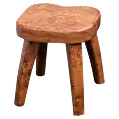 French Brutalist Stool, Carved Elm Burl, Organic Edge, 1960s
