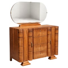 French Art Deco Vanity Dresser, Walnut, Oval Mirror, 1930s
