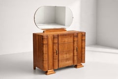 French Art Deco Vanity Dresser, Walnut, Oval Mirror, 1930s