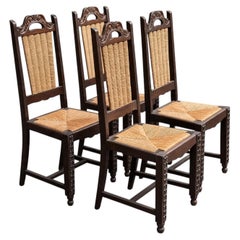 Set of Four Spanish Brutalist Oak and Rush Dining Chairs, 1960s