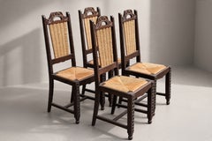 Set of Four Spanish Brutalist Oak and Rush Dining Chairs, 1960s