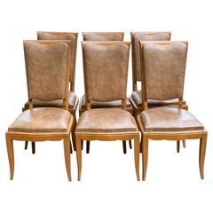 Set of Six French Art Deco Dining Chairs, Sycamore and Leather, 1940s