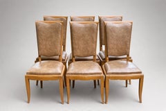 Set of Six French Art Deco Dining Chairs, Sycamore and Leather, 1940s