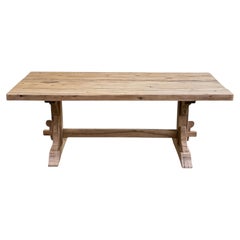 French Provincial Trestle Dining Table, Bleached Oak, Pegged Joinery, 1950s