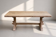 French Provincial Trestle Dining Table, Bleached Oak, Pegged Joinery, 1950s