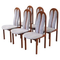 Set di sei sedie da pranzo in stile scandinavo moderno, in teak e tessuto, anni '70