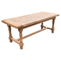 French Country Farmhouse Dining Table, Bleached Elm, Turned Legs, 1950s